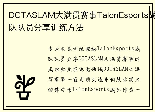 DOTASLAM大满贯赛事TalonEsports战队队员分享训练方法