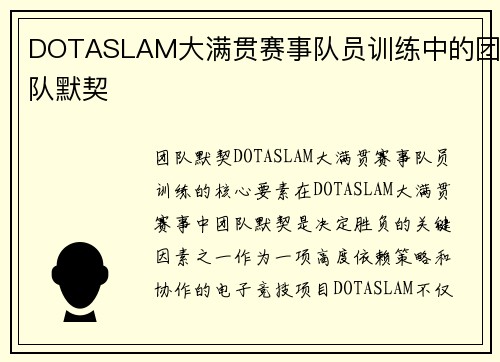 DOTASLAM大满贯赛事队员训练中的团队默契