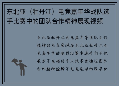 东北亚（牡丹江）电竞嘉年华战队选手比赛中的团队合作精神展现视频