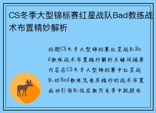 CS冬季大型锦标赛红星战队Bad教练战术布置精妙解析