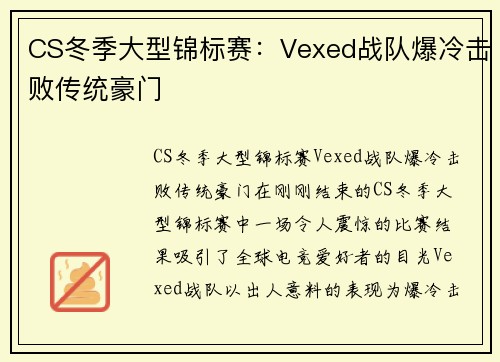 CS冬季大型锦标赛：Vexed战队爆冷击败传统豪门